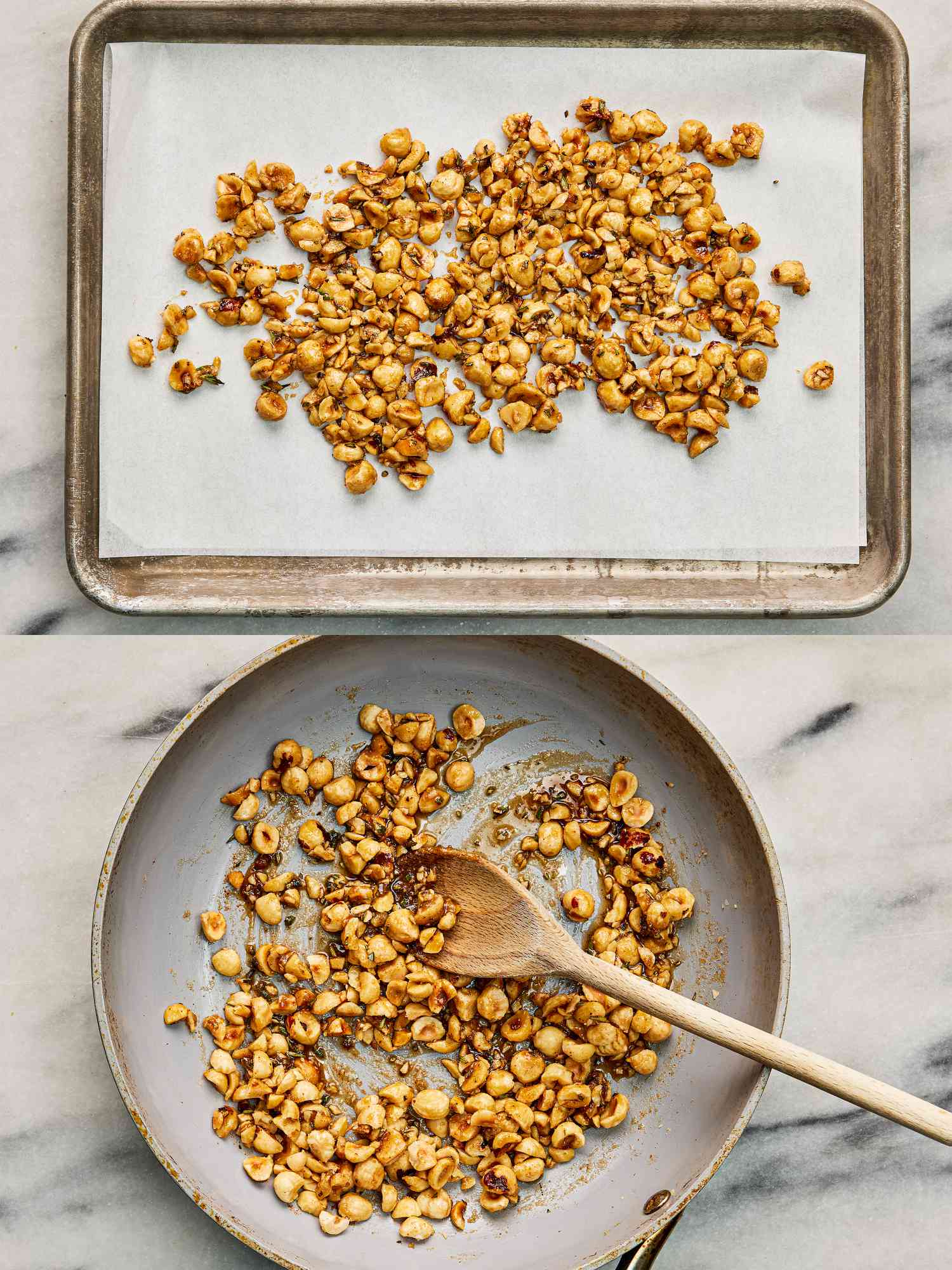 Two image collage of roasting nuts