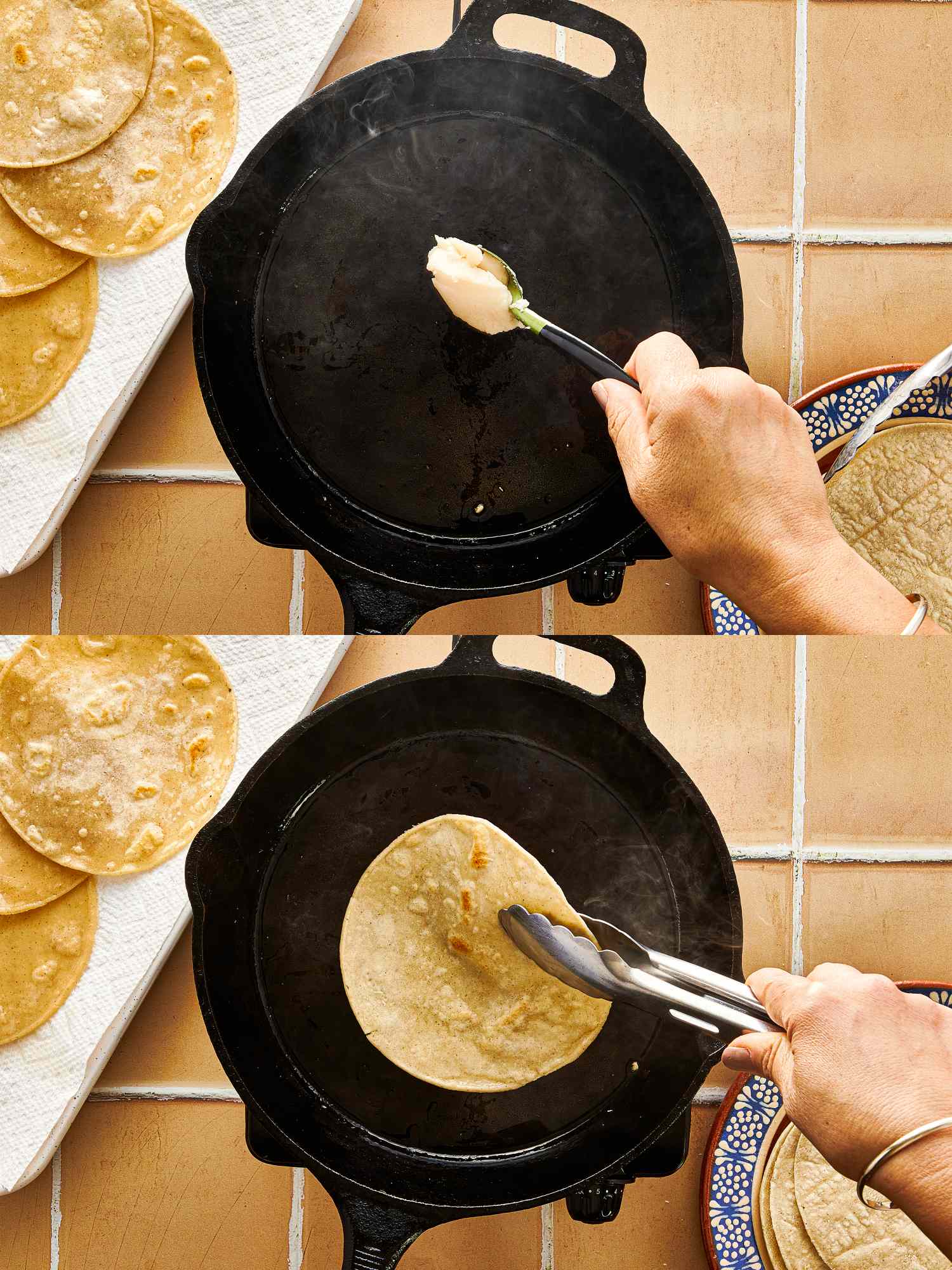 A person is preparing tortillas on a stovetop griddle demonstrating steps in a cooking process
