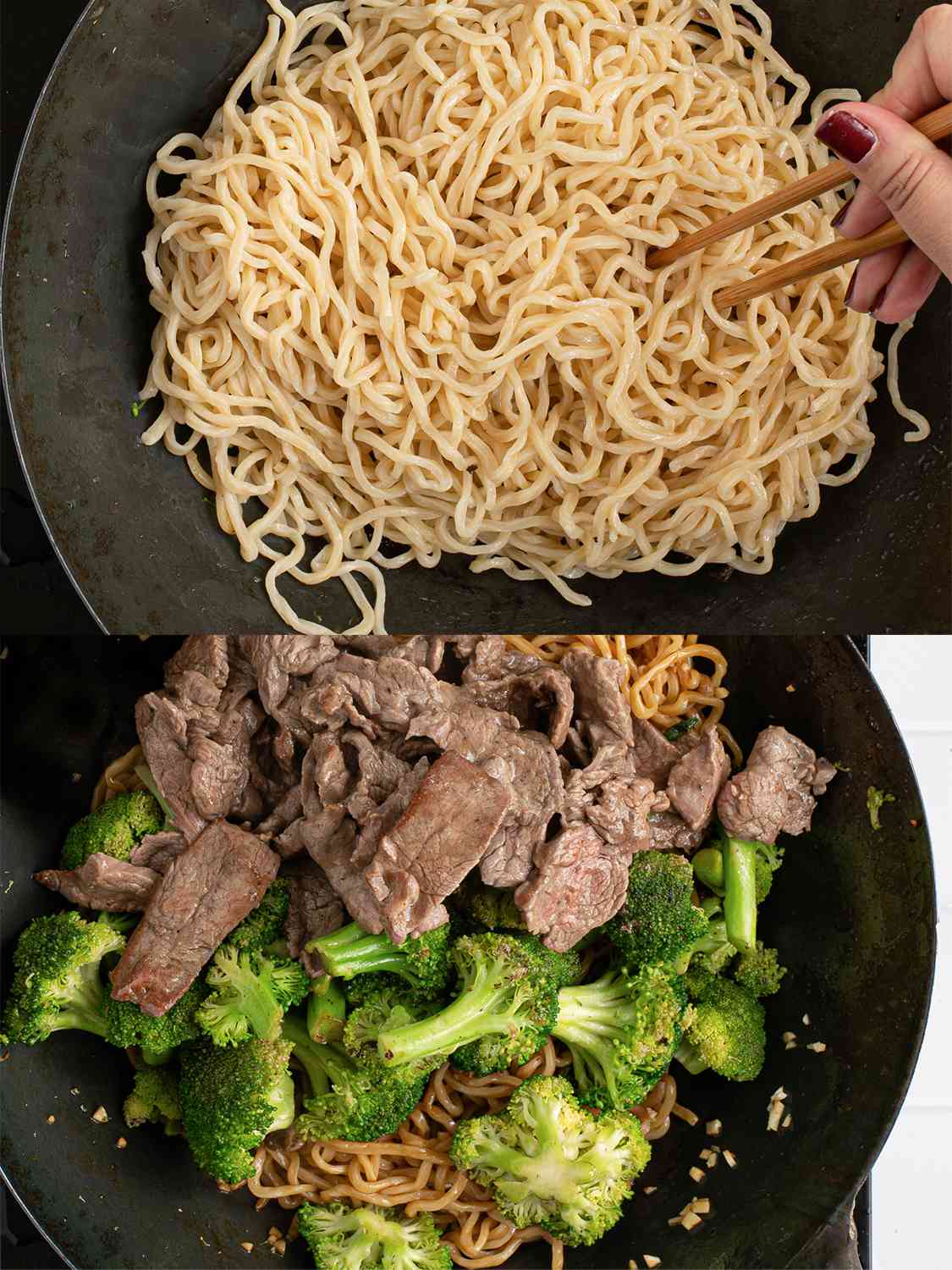 A two-image collage. The top image shows the noodles being stirred inside the wok over high heat using cooking chopsticks. The bottom image shows the garlic, broccoli, and beef added to the noodles inside of the wok.
