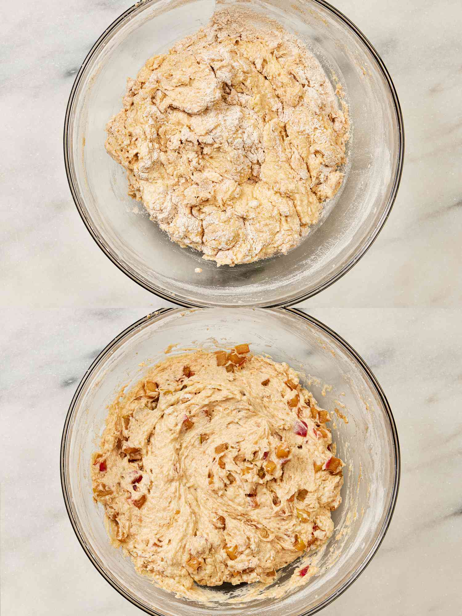 2 image collage. Top: Batter in a glass bowl on marble surface. Bottom: apples folded into dough in glass bowl