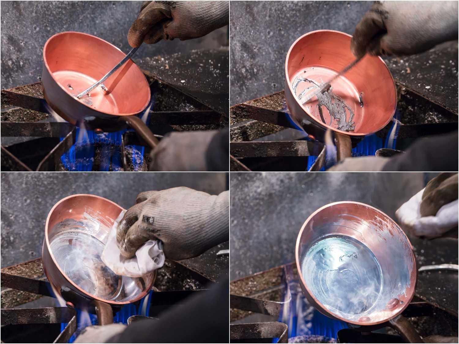 Sequence of photos showing tin being melted and wiped into a copper pan.