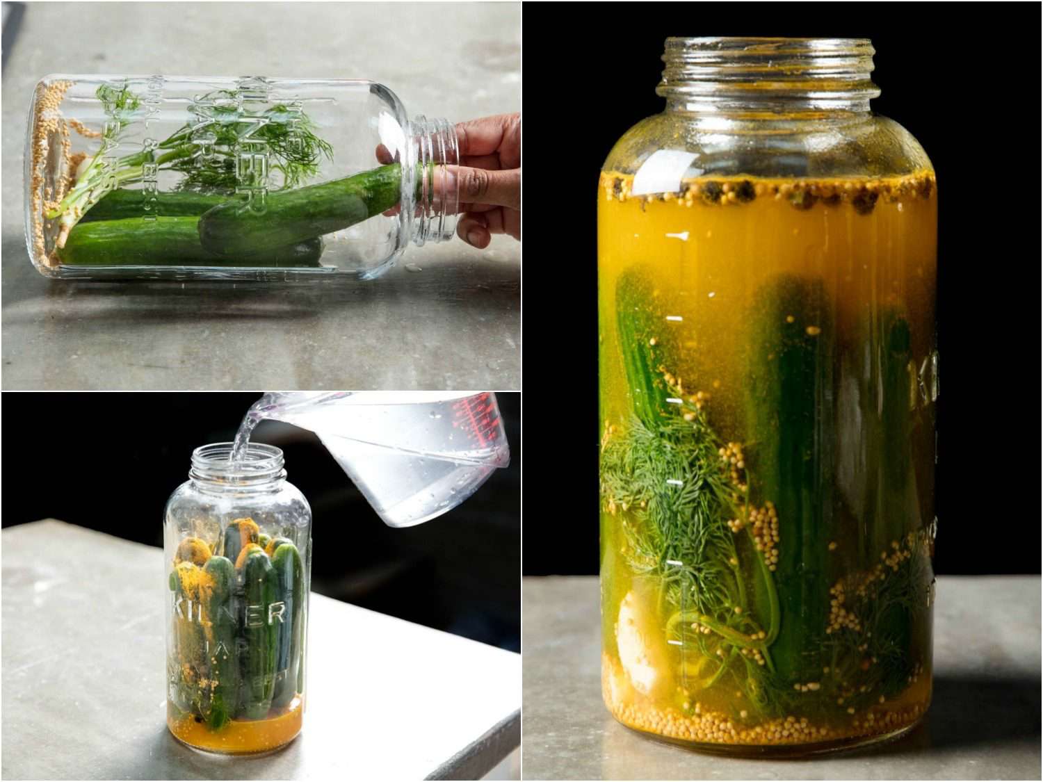 Collage of three photos depicting how to pack a jar of pickles. Counterclockwise from top left: Pickle jar with aromatic vegetables and spices and two cucumbers resting on its side on a counter, with a hand placing another pickle in the jar; pickle jar packed with cucumbers standing upright on the container, with brine being poured into the jar from measuring cup; pickle jar filled with brine, cucumbers, spices, and vegetables viewed from side.