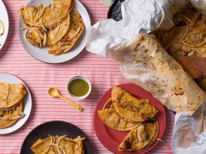 Overhead shot of Tacos de Canasta plated up