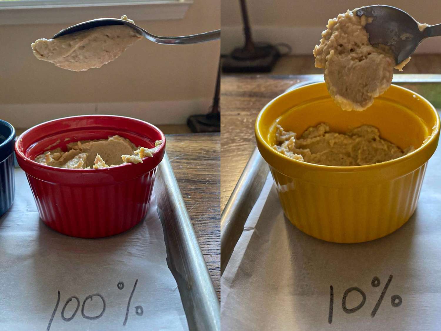 Two ramekins side by side labeled 100 and 10 each containing hummus being spooned out