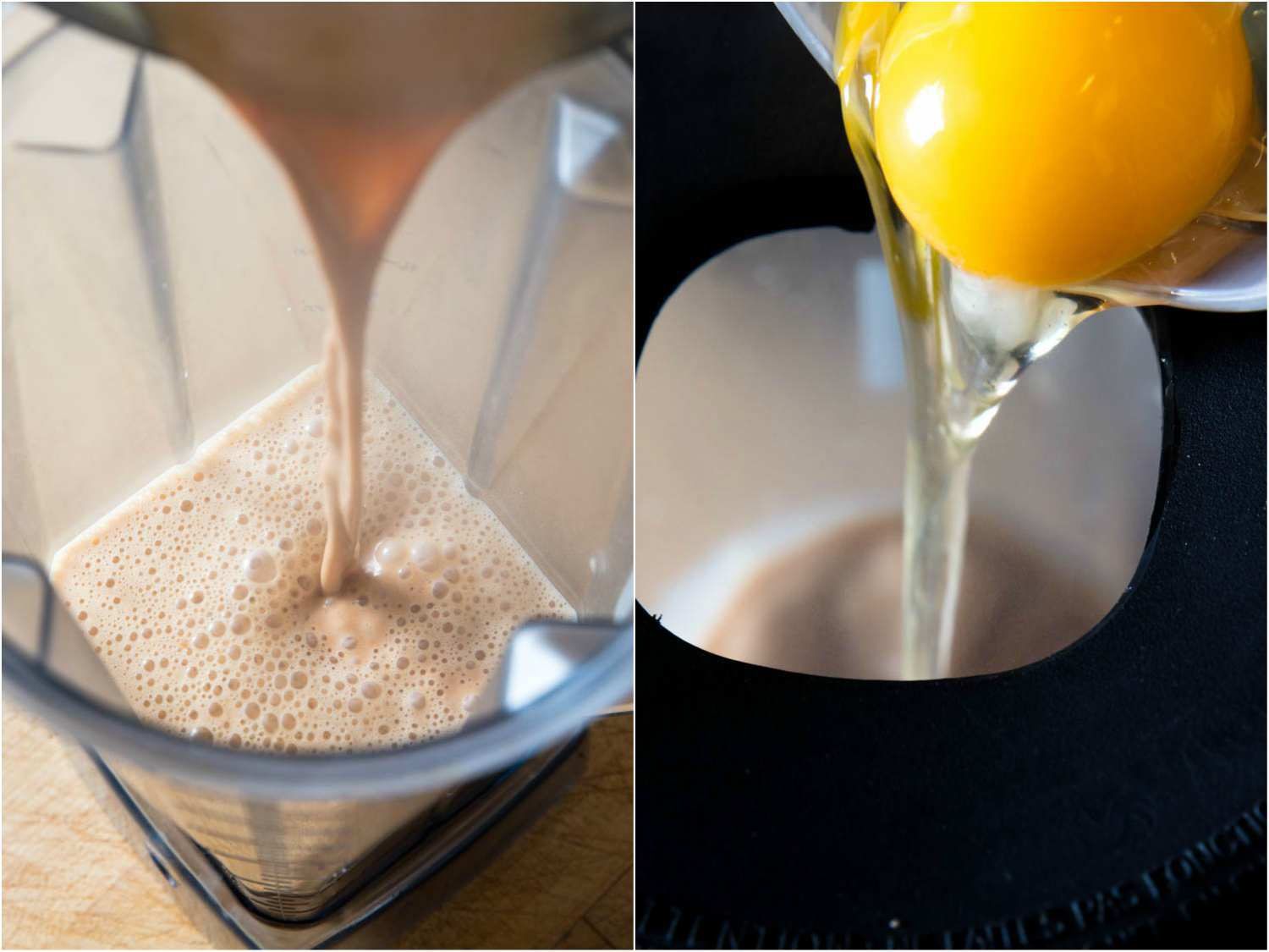 Collage of two images showing tempering with a blender. The left image shows hot liquid added to the blender. The right image shows adding egg to the liquid. 