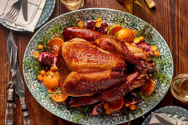 Overhead view of a honey brined smoked turkey