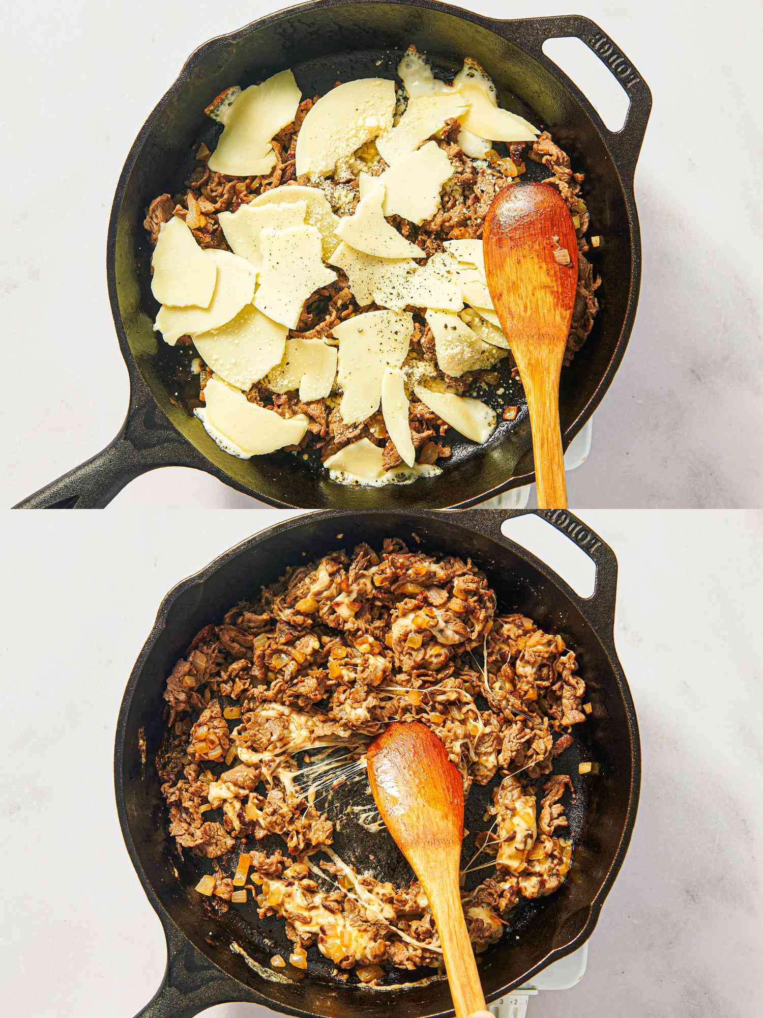 Two image collage of cheese added and melted into meat