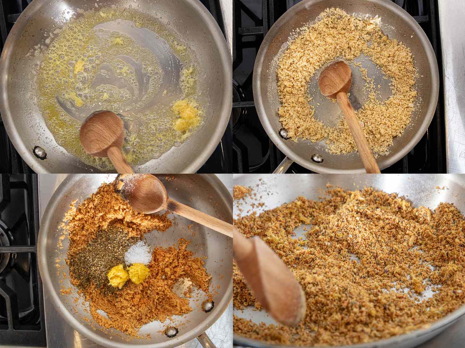 Steps showing preparation of toasted breadcrumbs in a saut pan with seasoning
