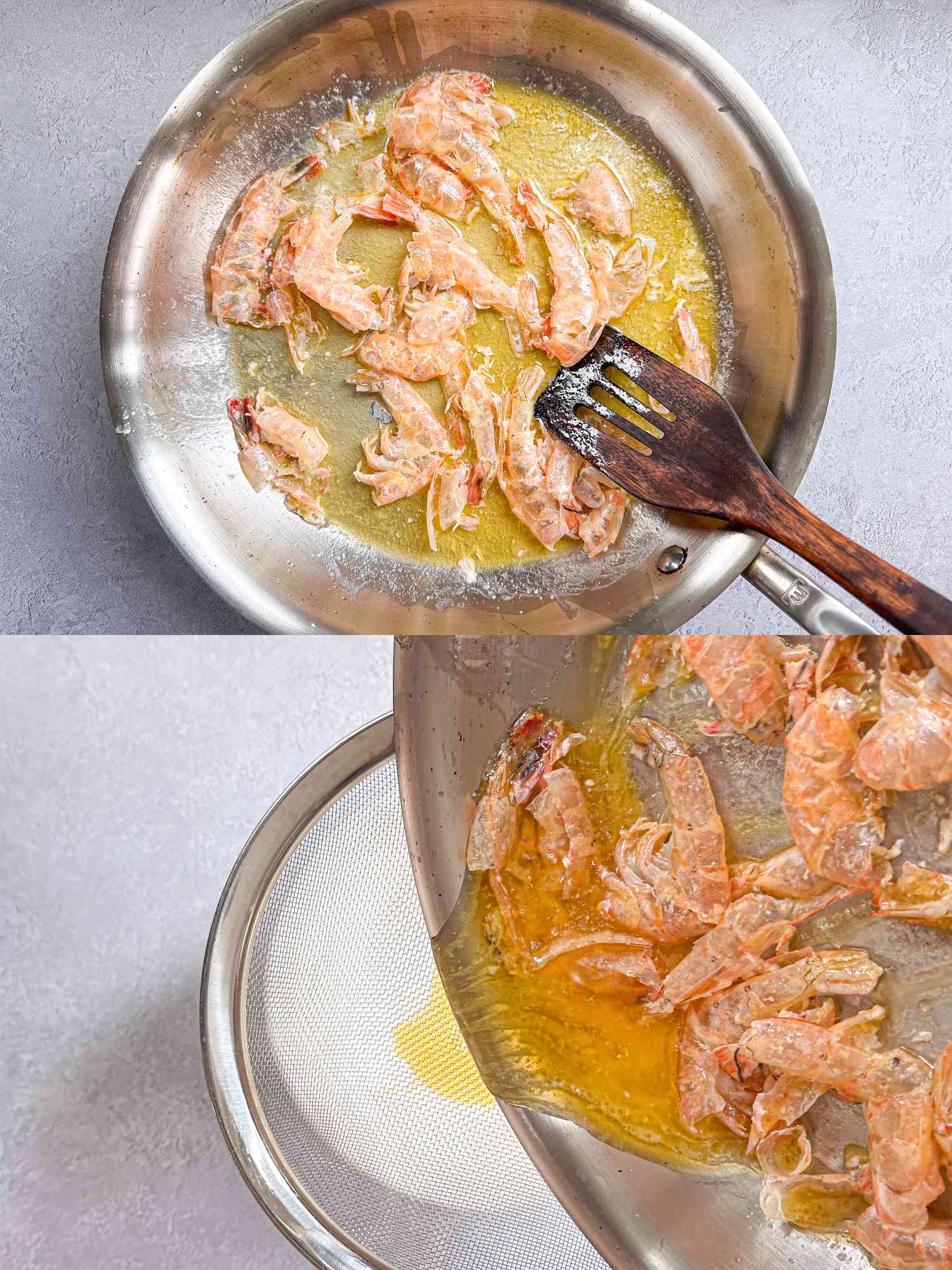 Cooking shrimp in a skillet, then draining the liquid
