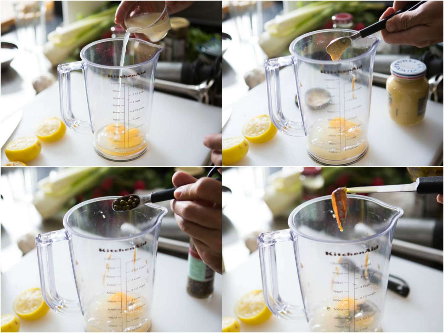 A collage: adding eggs, lemon juice, mustard, capers, and anchovies in an immersion blender cup. 