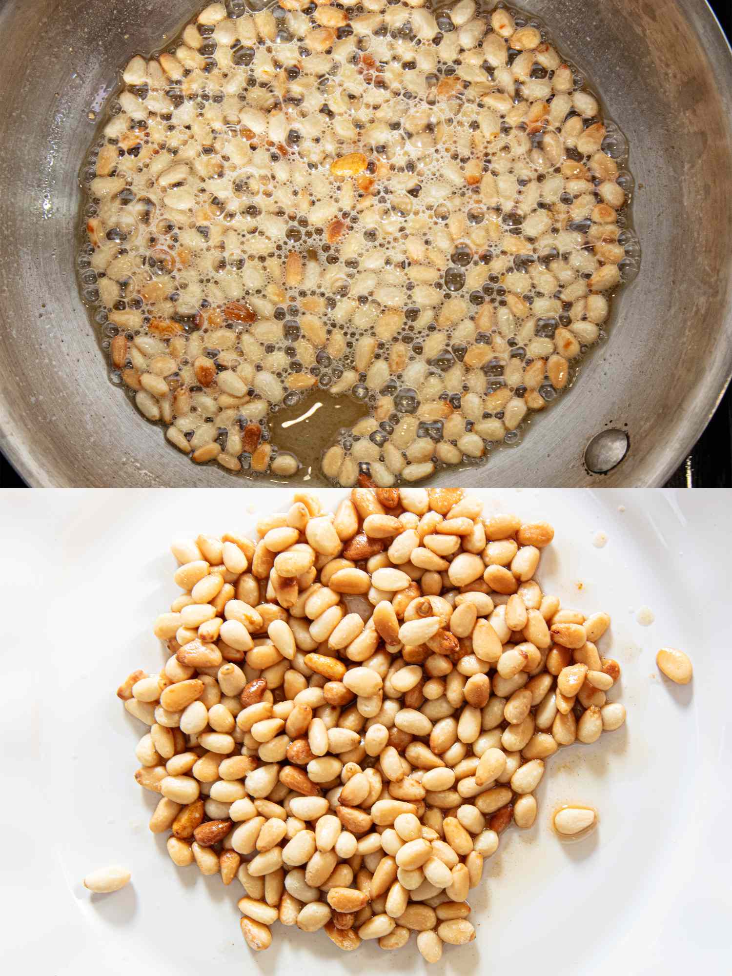 Step of cooking showing pine nuts heating in a pan and the cooled nuts on a plate