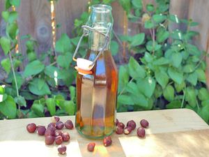 A bottle of homemade hazelnut liqueur. 