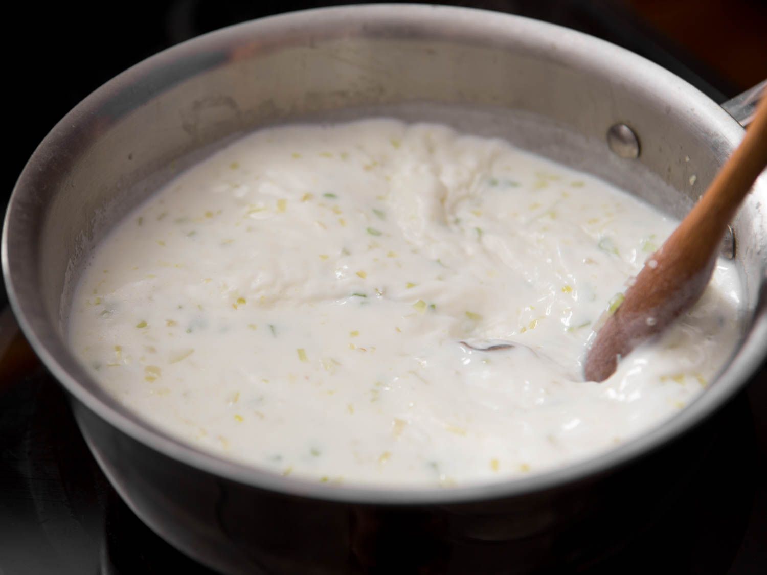 The oyster stew is simmered in a saucier.