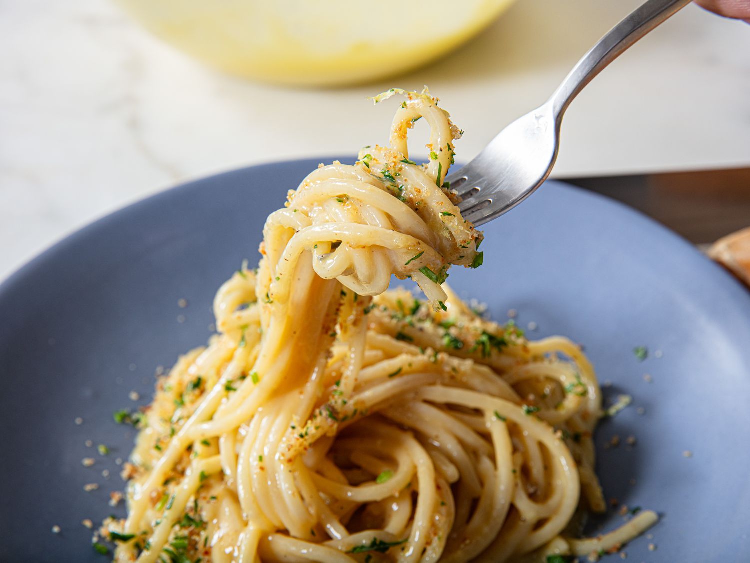 Side view of caesar pasta