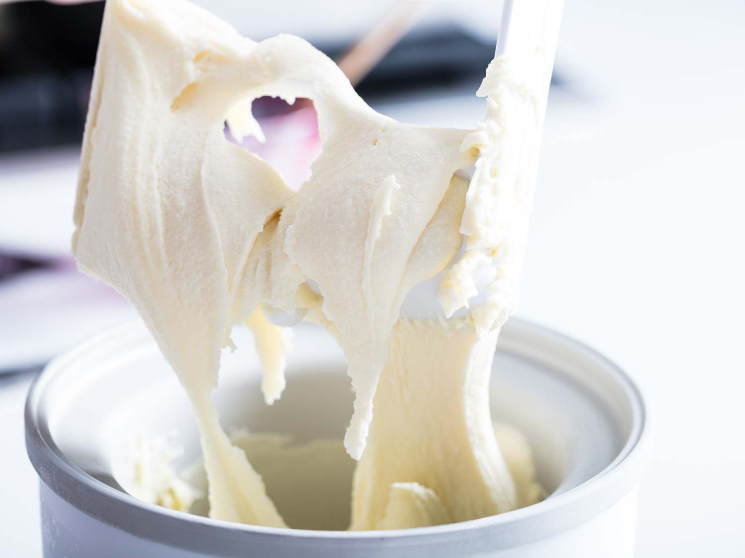 Close up of freshly churned buttermilk ice cream.