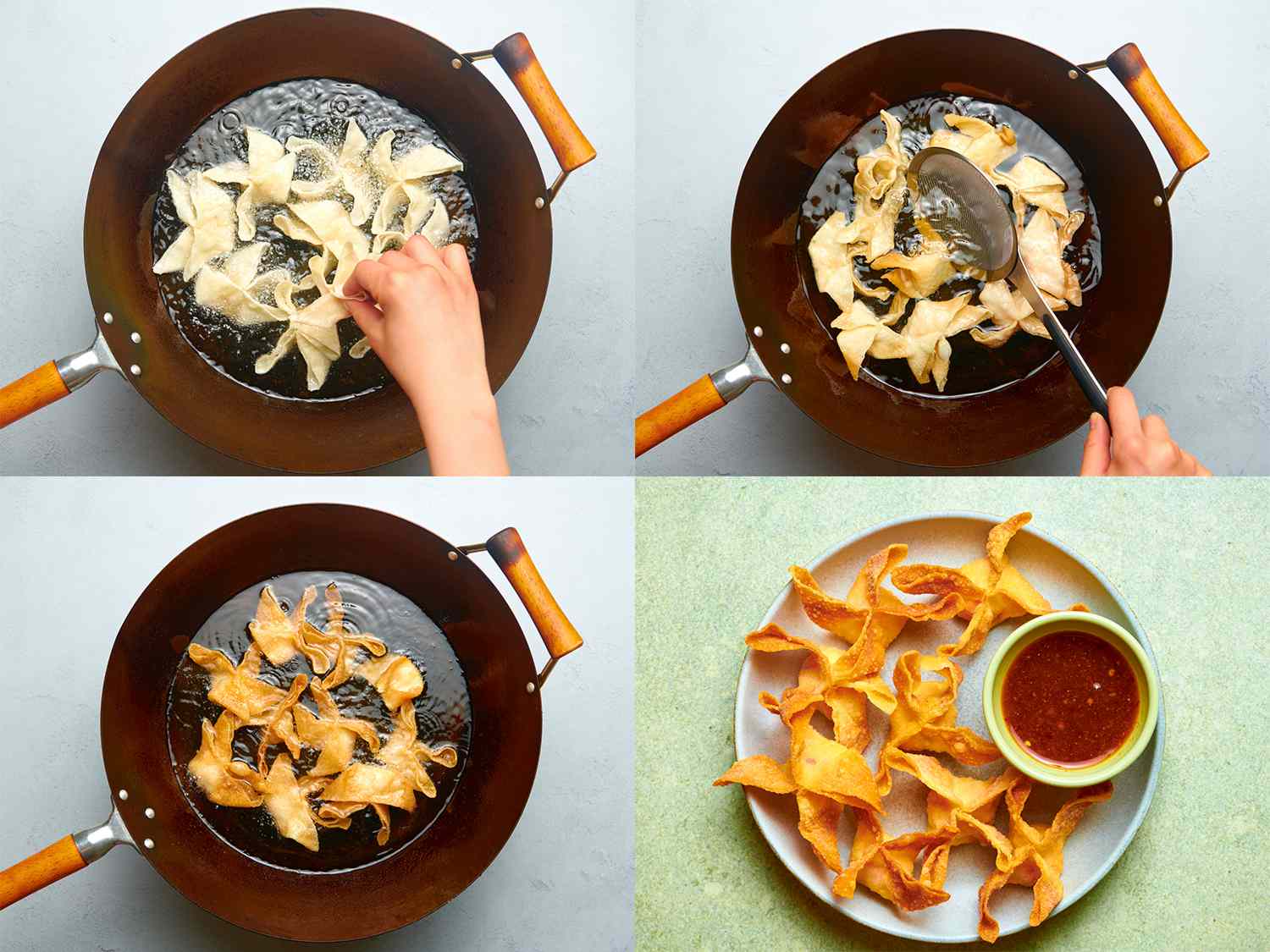 A four image collage showing the crab rangoons being fried. Top left: Carefully adding a wonton to the hot oil in a wok, with other wontons already added in. Top right: Flipping wontons using a wire mesh spider. Bottom left: Wontons cooking and golden inside a wok. Bottom right: Wontons on a ceramic plate also holding a small ceramic bowl of finished sauce.