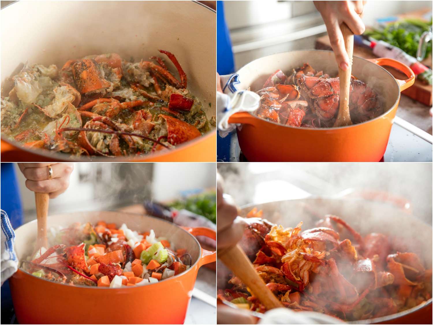 Four images of lobster shells being added in batches to a Dutch oven, followed by aromatic vegetables.