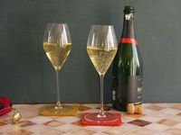 two riedel glasses filled with bubbly