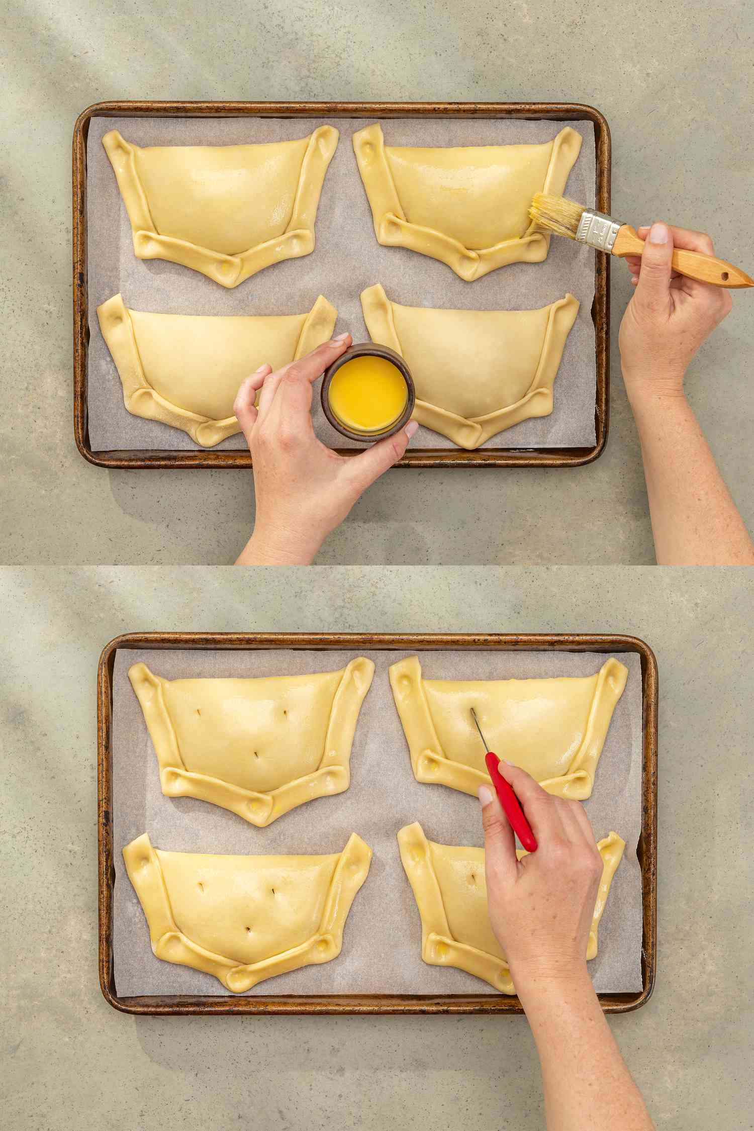 Two image collage of applying egg wash and poking pequenes