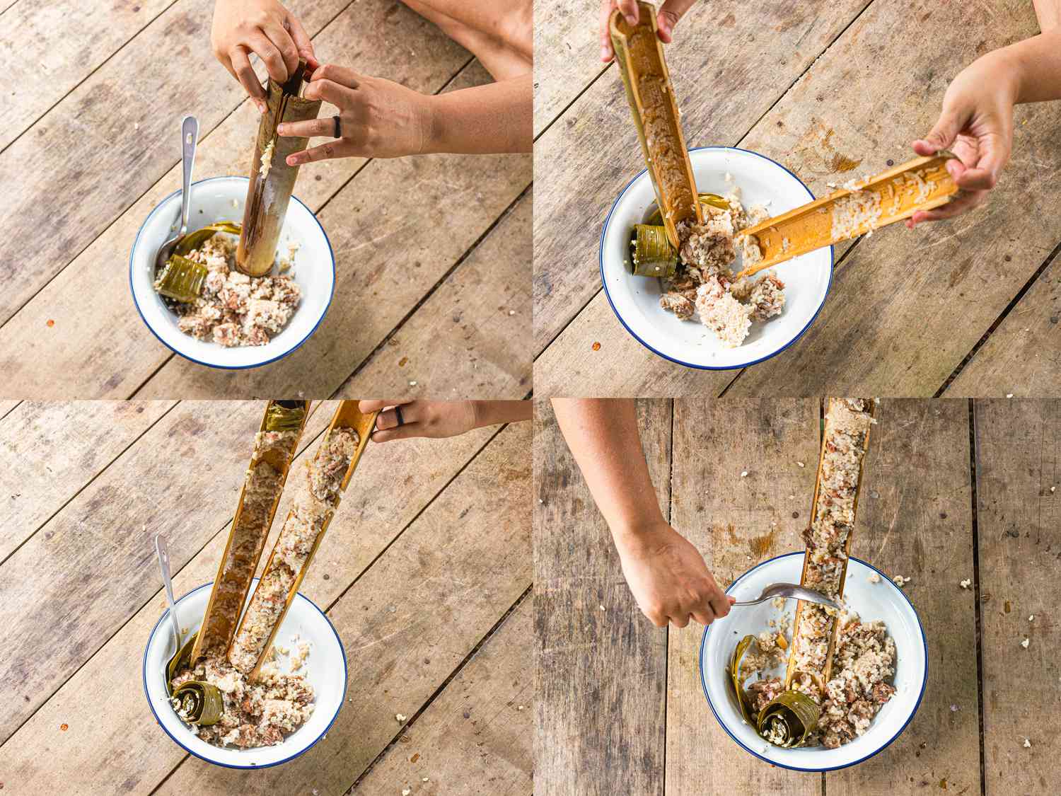 Four image collage of opening calum and scraping chicken rice mixture into bowl