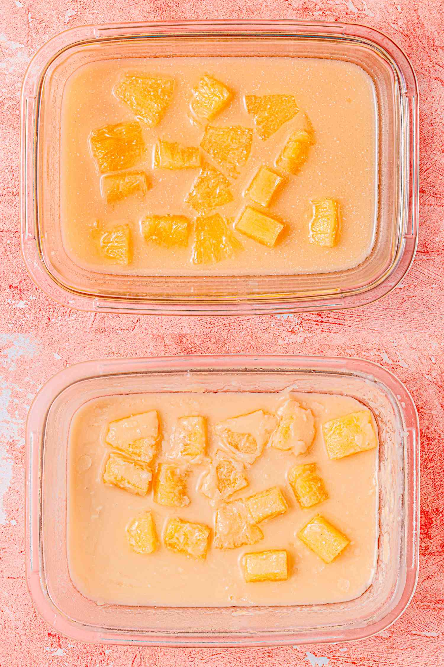 Overhead view of pineapples before and after they are frozen