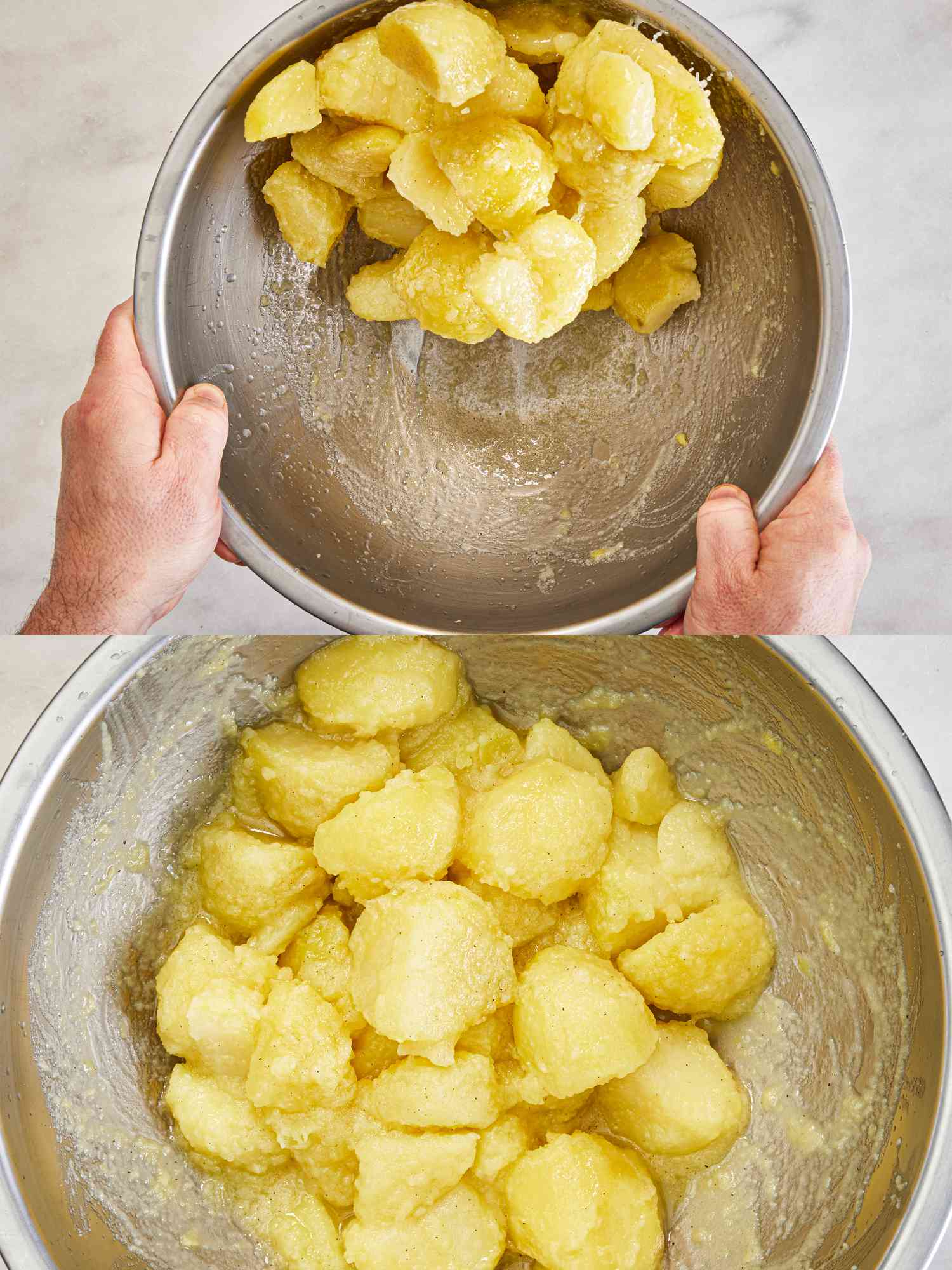 Two image collage of tossing potatoes