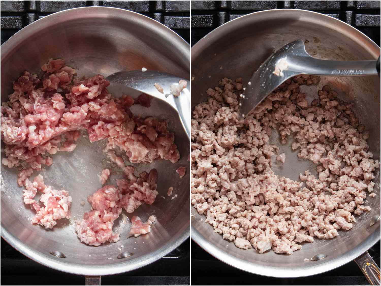 Cooking ground pork in a saucepan with a little bit of water until pork is just cooked through.