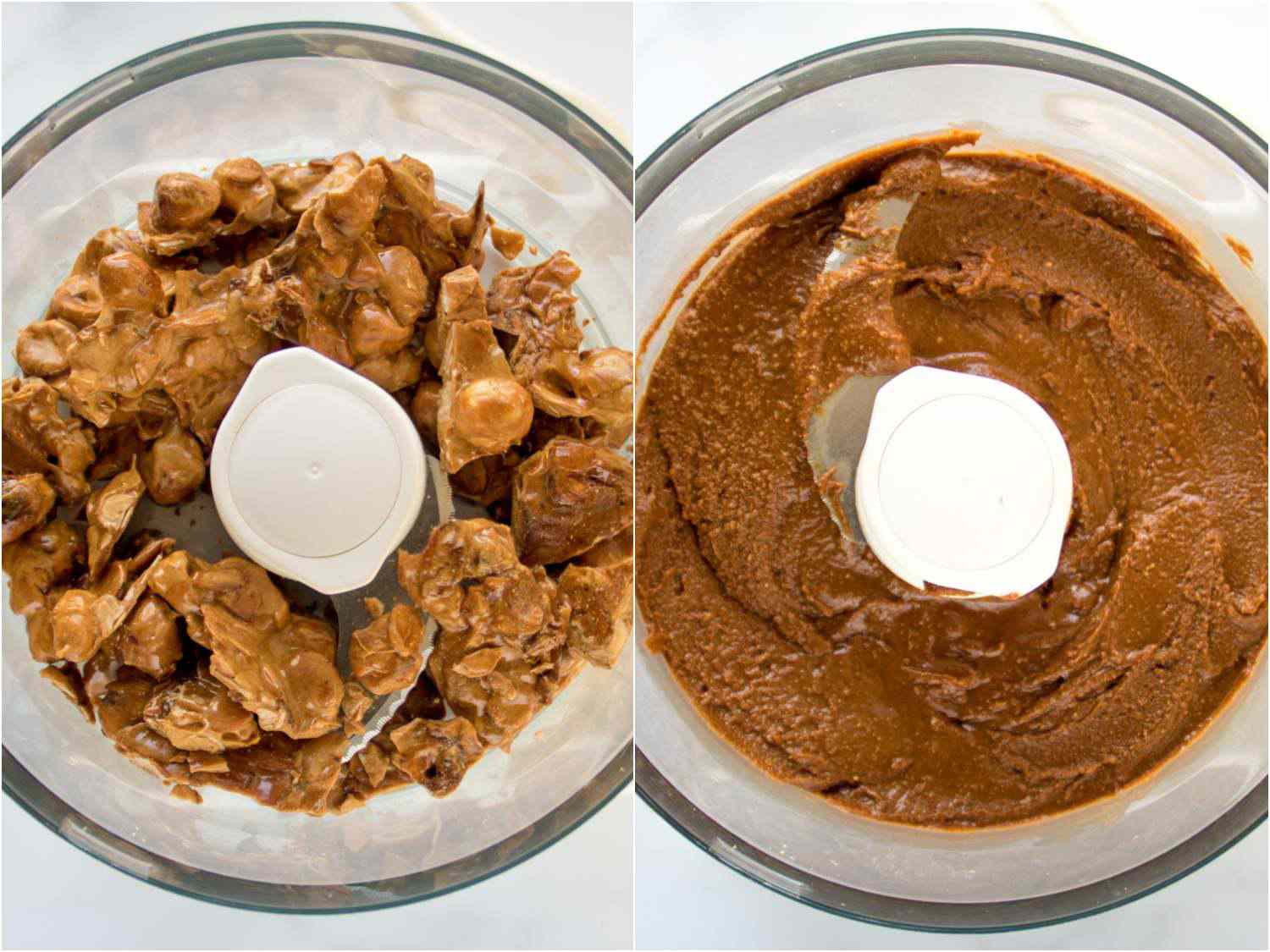 A two-image collage. The left image shows broken praline pieces in a food processor. The right image shows the praline blended into a peanut butter–like paste in the food processor.