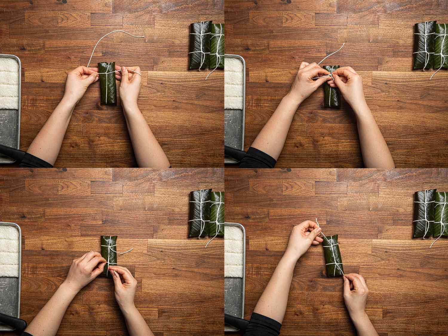 Overhead view of 4 image collage of tying Suman with butcher's twine