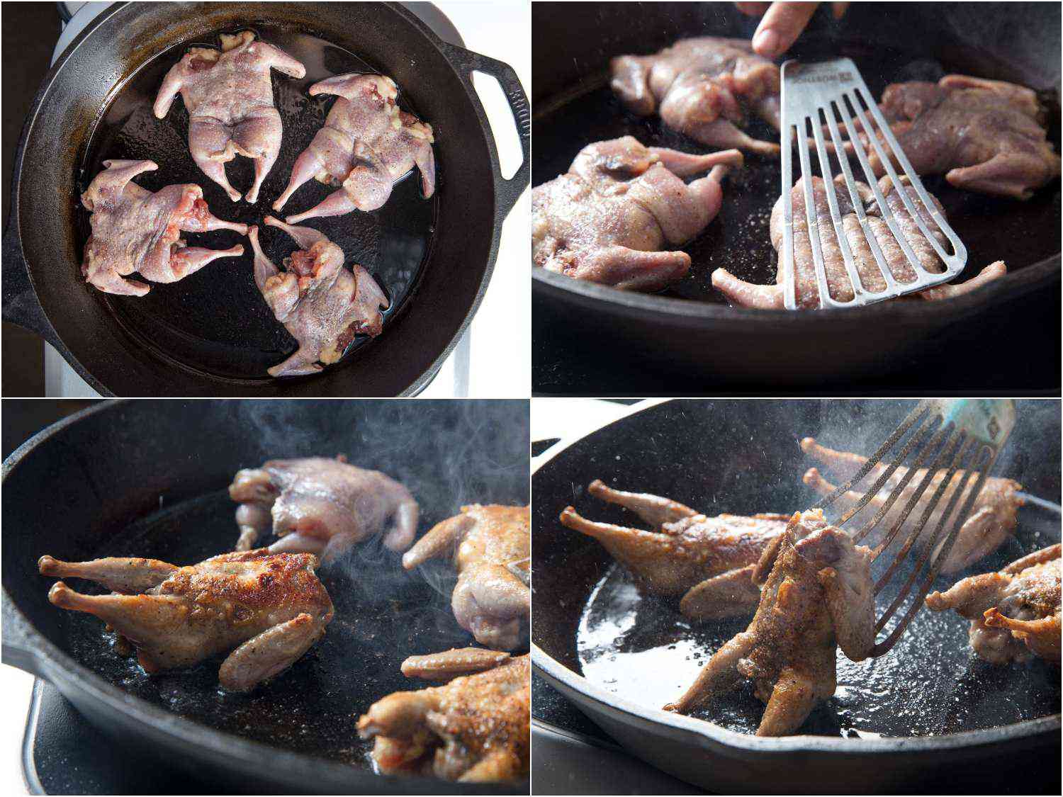 Collage of searing (or pan-roasting) the quail in a cast iron skillet.