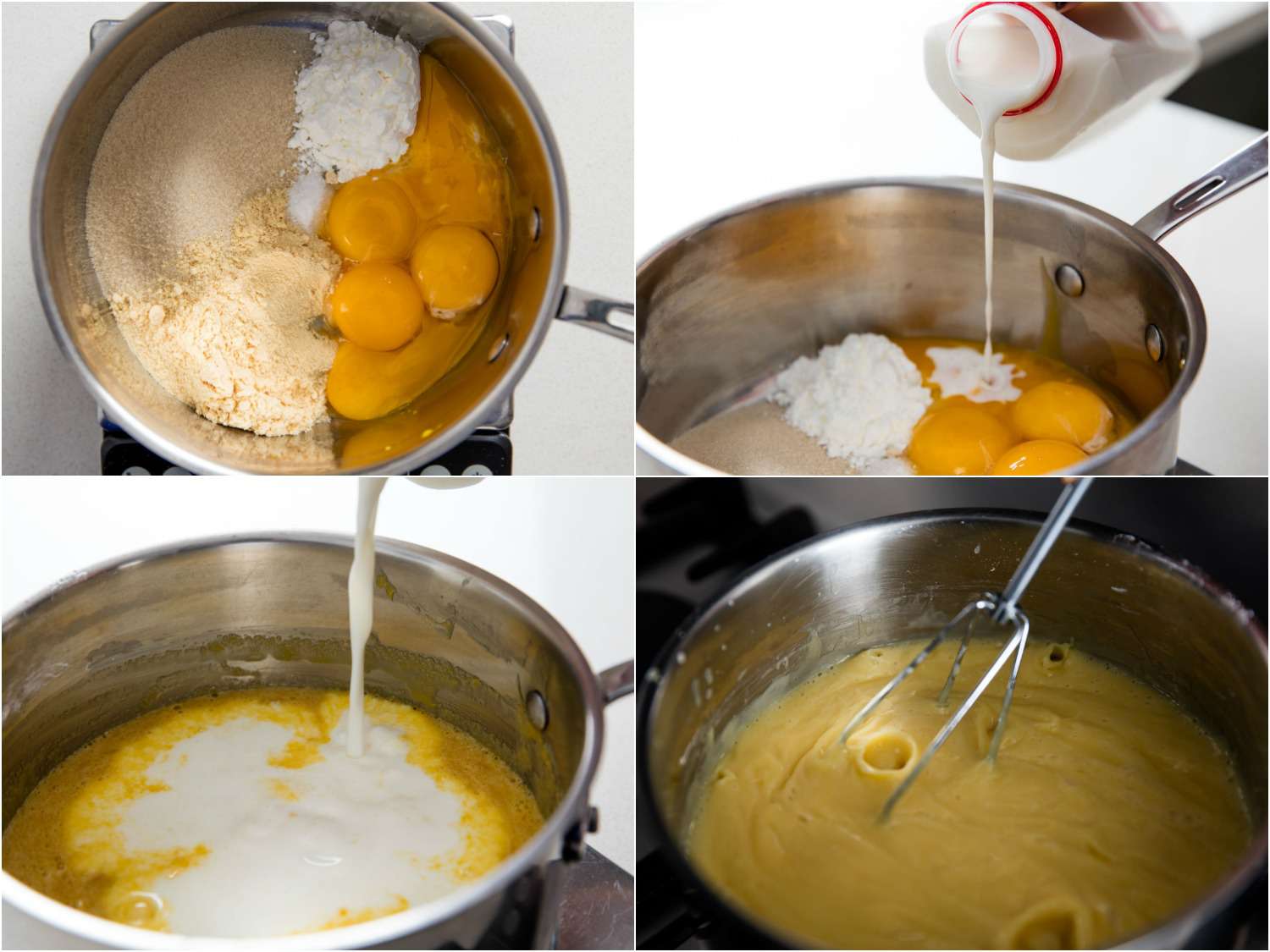 Collage of whisking together ingredients.