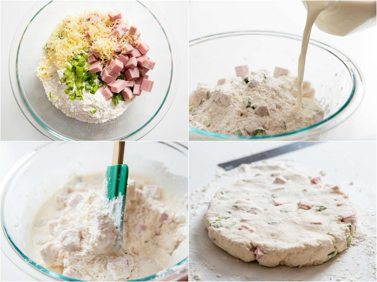 A four photo collage showing: adding cheese, scallions, and ham to flour, adding cream, stirring, and patting into an inch-thick circle.