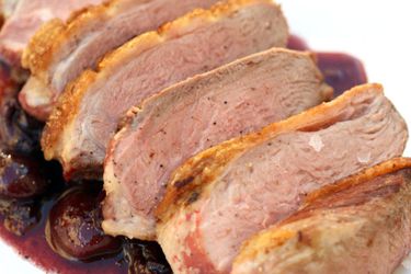 Closeup of Sweet-Tart Duck Breasts With Fresh Cherry Sauce.