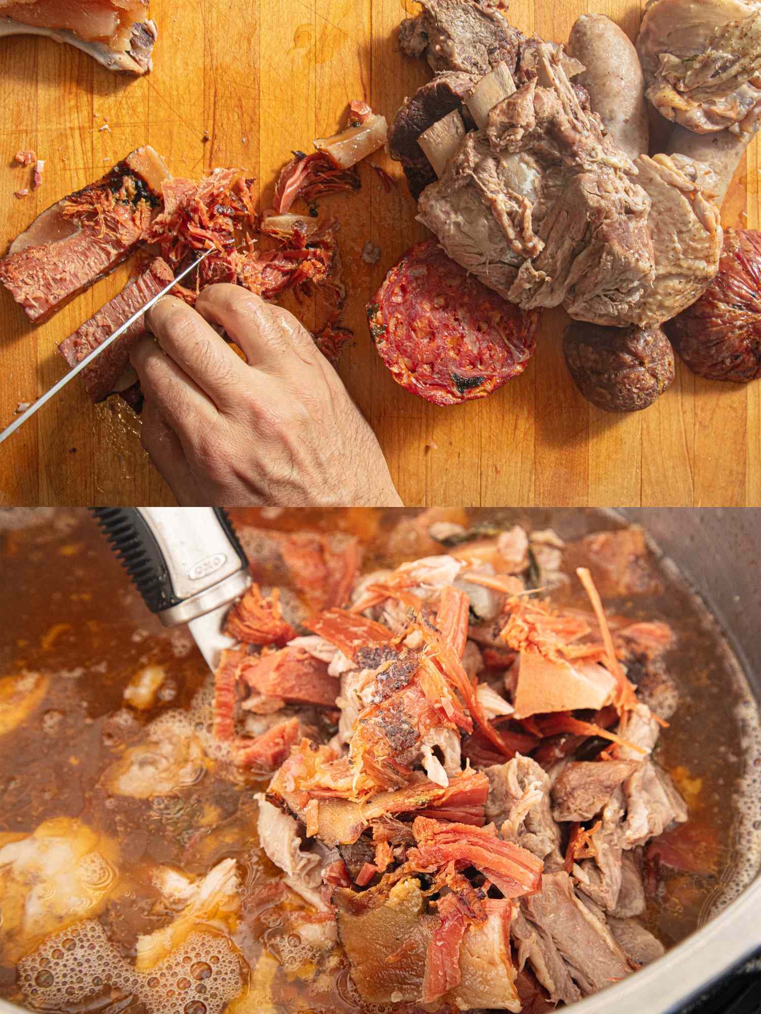 Preparation of cooked meats for soup chopped and simmered in liquid