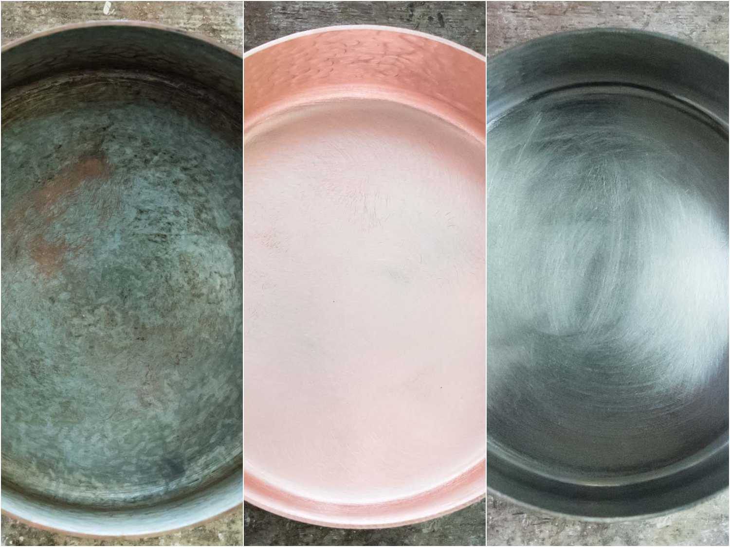 Side-by-side shots of copper cookware re-tinning: old damaged tin lining; stripped bare copper; new tin lining.