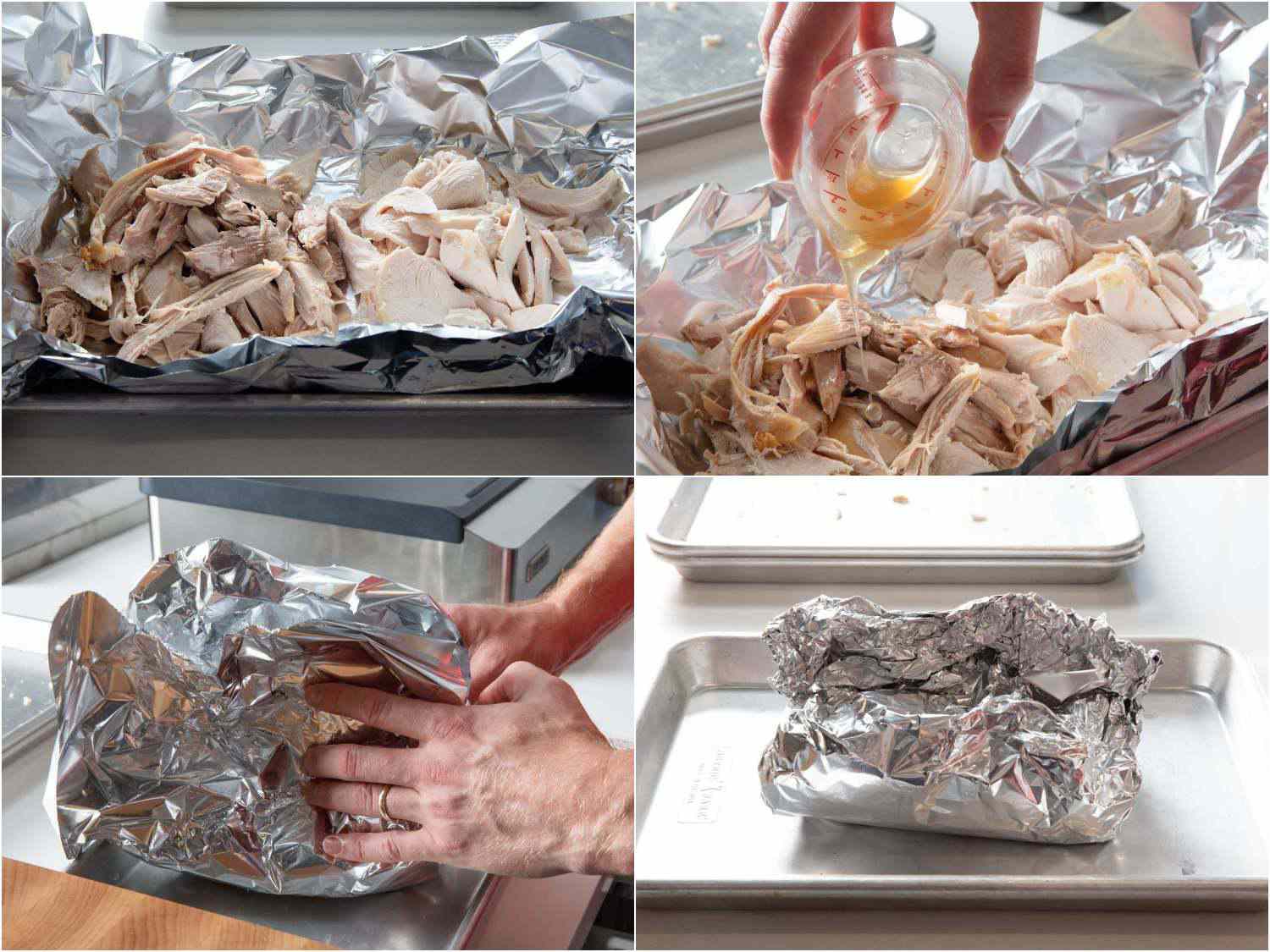 Collage of leftover turkey being wrapped in foil for reheating