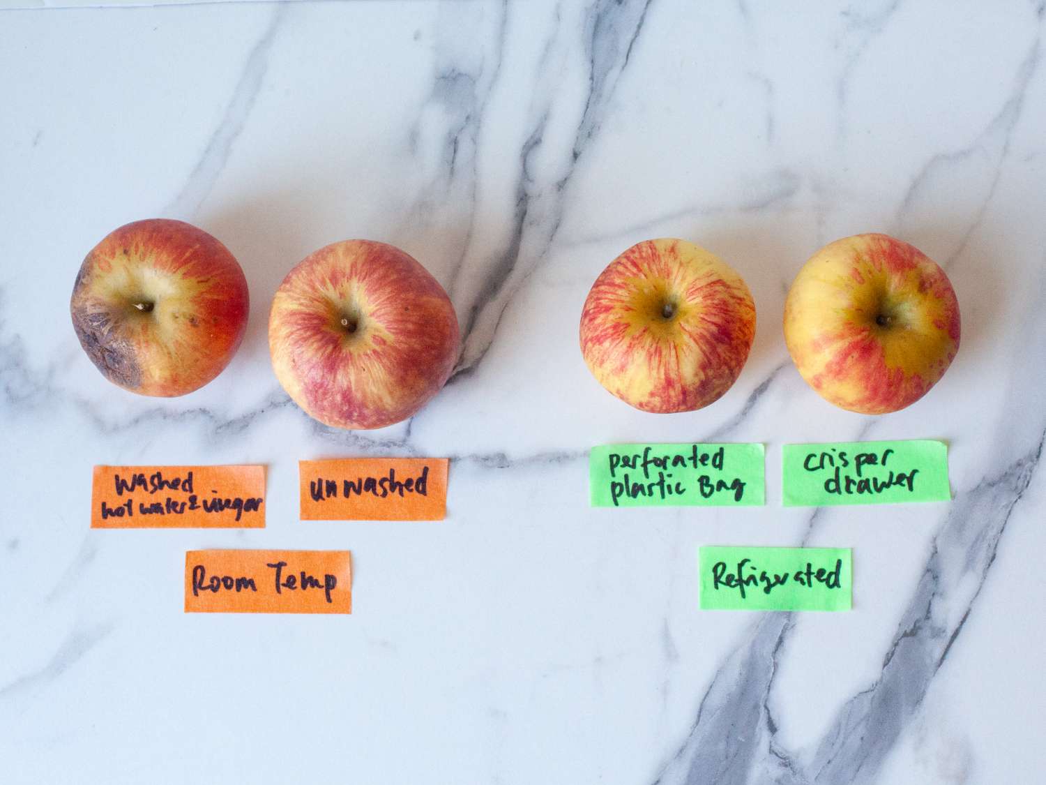 Four apples with labels indicating storage methods and conditions