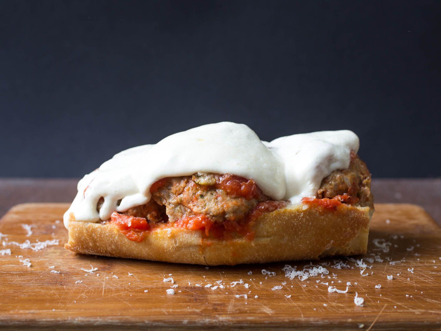 The meatball sandwich after a short trip to the oven. The mozzarella has melted.