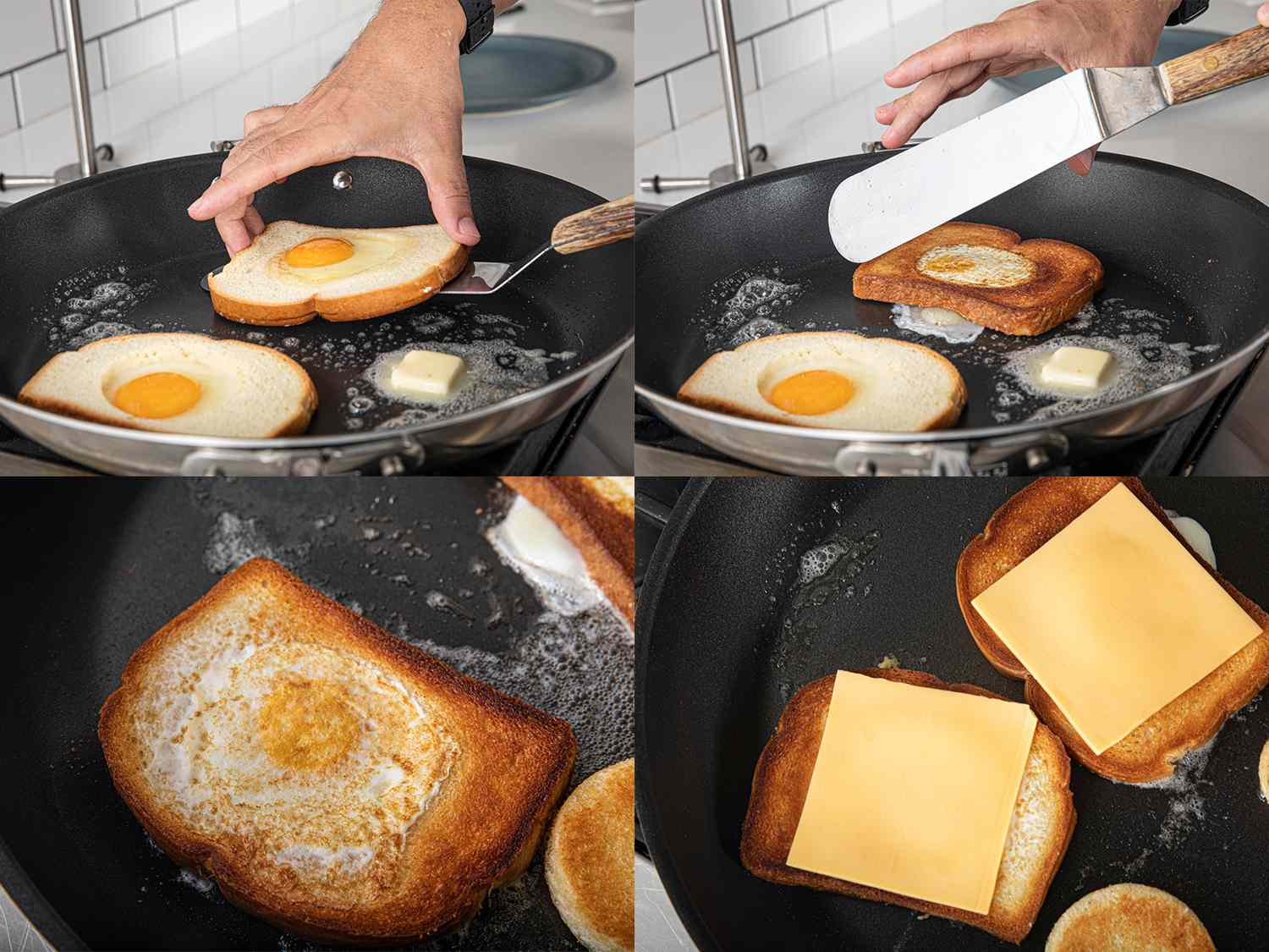 Four Image collage. Top Row: Two photos showing one piece of bread with a semi-cooked egg in the middle being flipped in the pan. Bottom Left: Golden brown toast with fried egg in center in pan. Bottom Right: A piece of cheese added to each egg-in-bread toast in pan. 