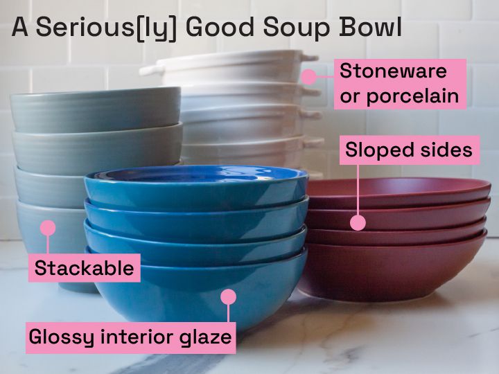 Four sets of stacked soup bowls on a marble counter