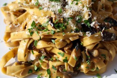 tagliatelle with porcini and crème fraîche topped with grated cheese and fresh thyme