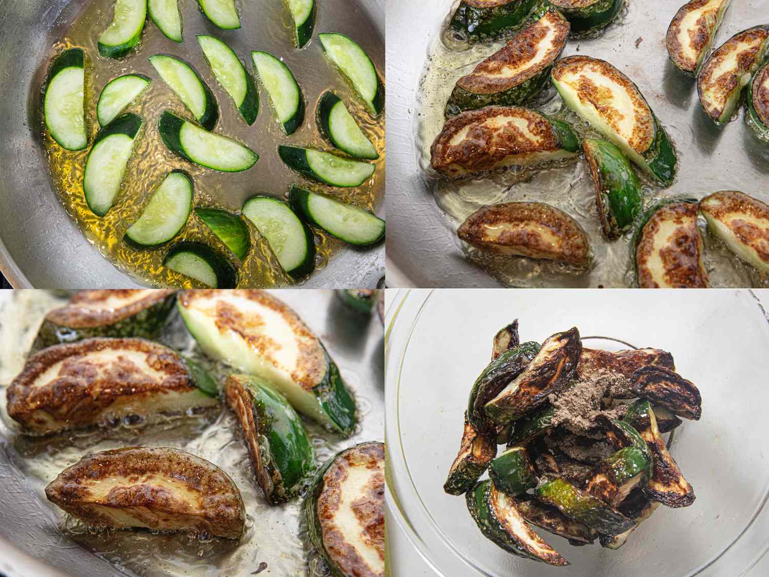 Process of frying zucchini slices in a pan