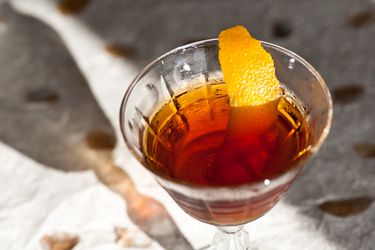 Overhead shot of The Revolver served in a stemmed cocktail glass