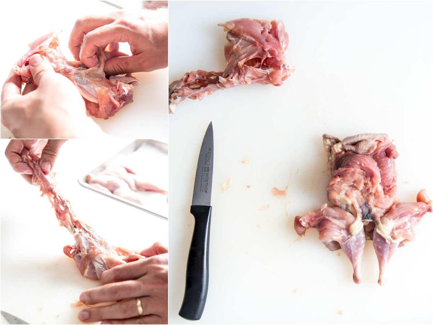 Collage of removing the breastbone and rib cage of a quail as part of the deboning process