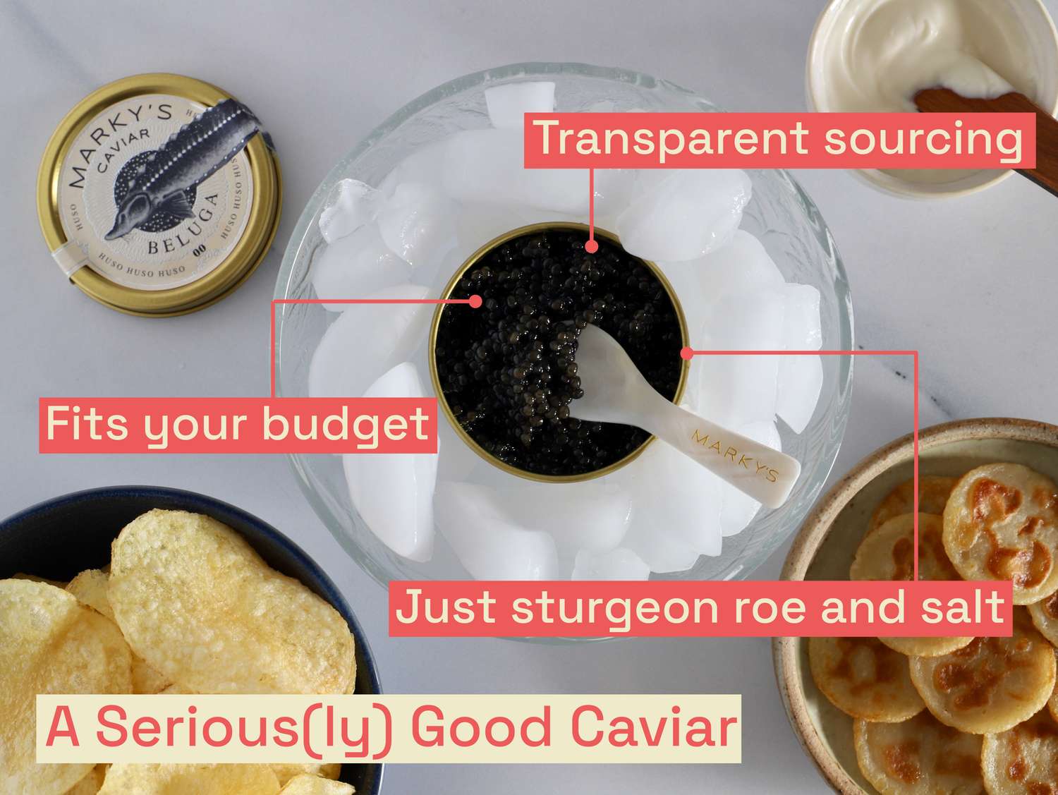 A dish showcasing Markys caviar with serving suggestions like chips and blinis annotated features emphasize quality and sourcing transparency