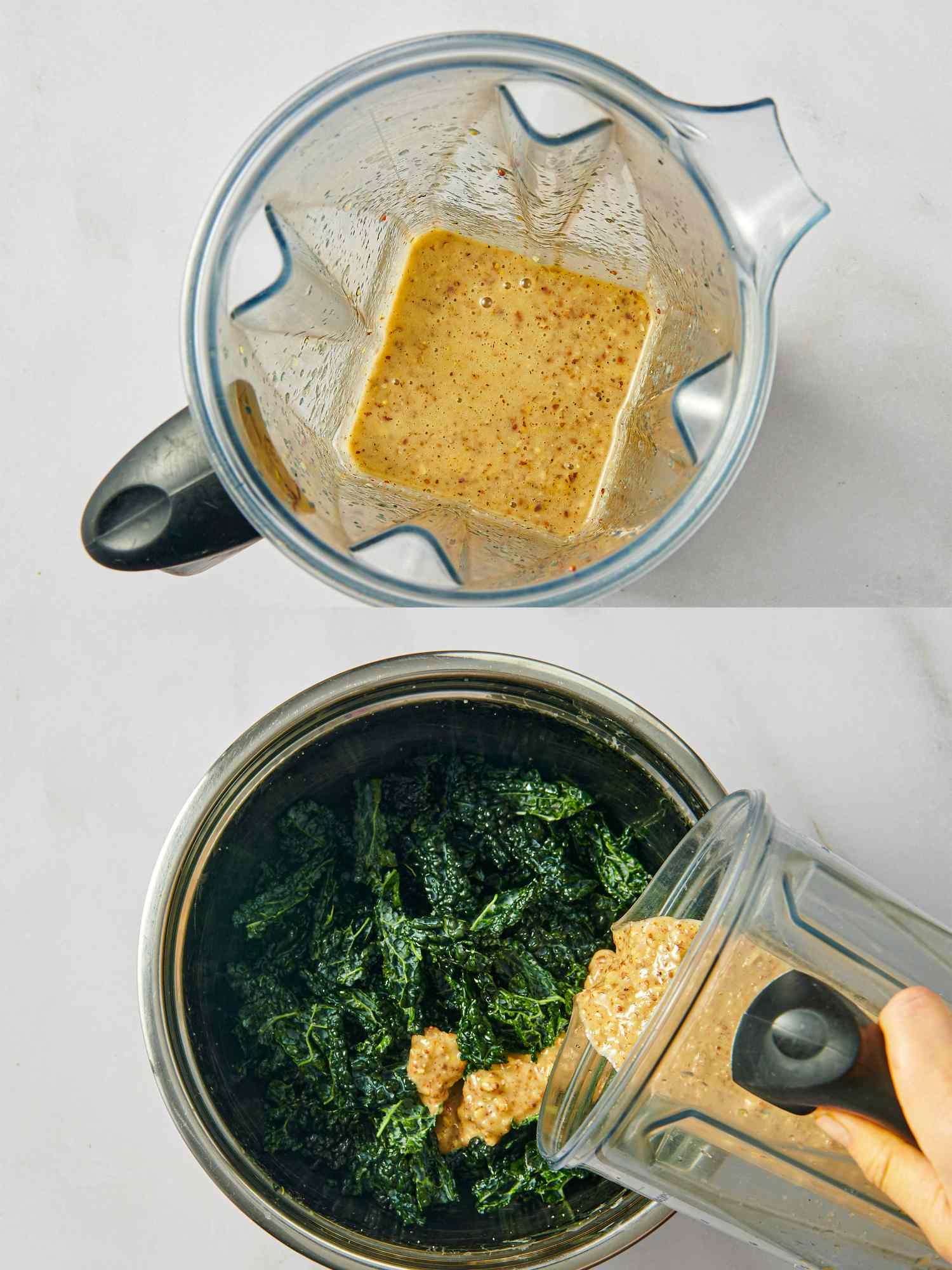 Blender with dressing and kale being dressed in a bowl