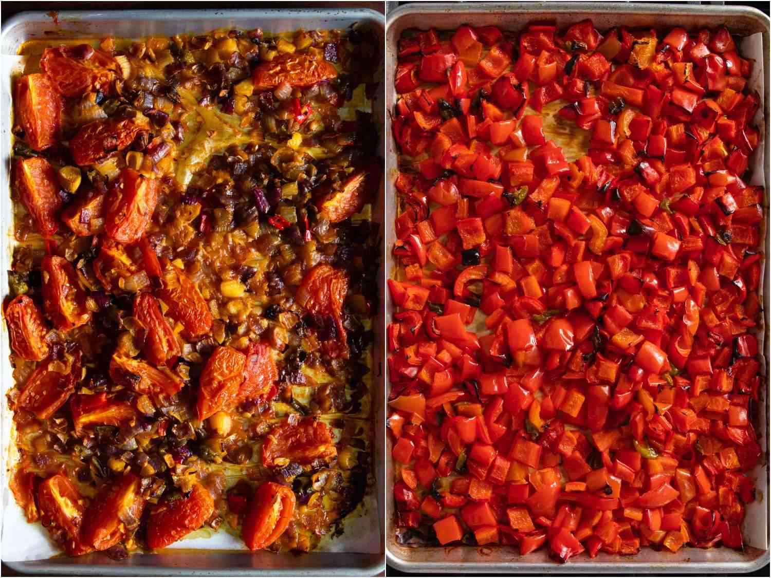 A baking tray full of roasted peppers, garlic, and tomatoes for obe ata. 