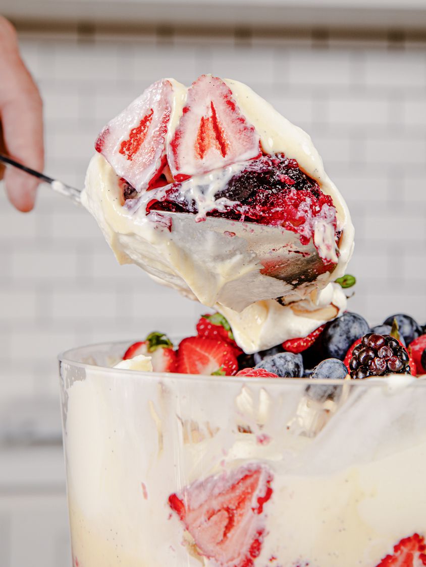 Side view of a trifle serving 