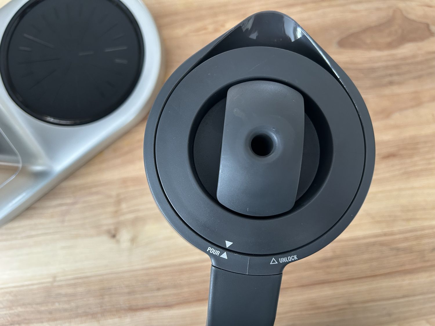 A closeup of the thermal carafe lid on the Breville Precision coffee maker.