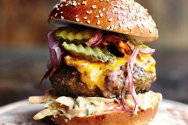 Closeup of an insanity burger.